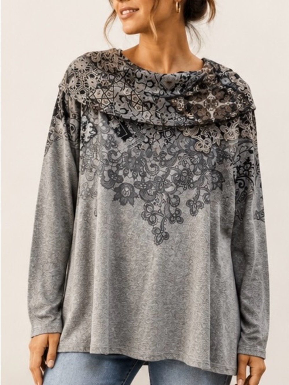 Cactus and Pearl Gray Printed Cowl-Neck Women's Sweater
